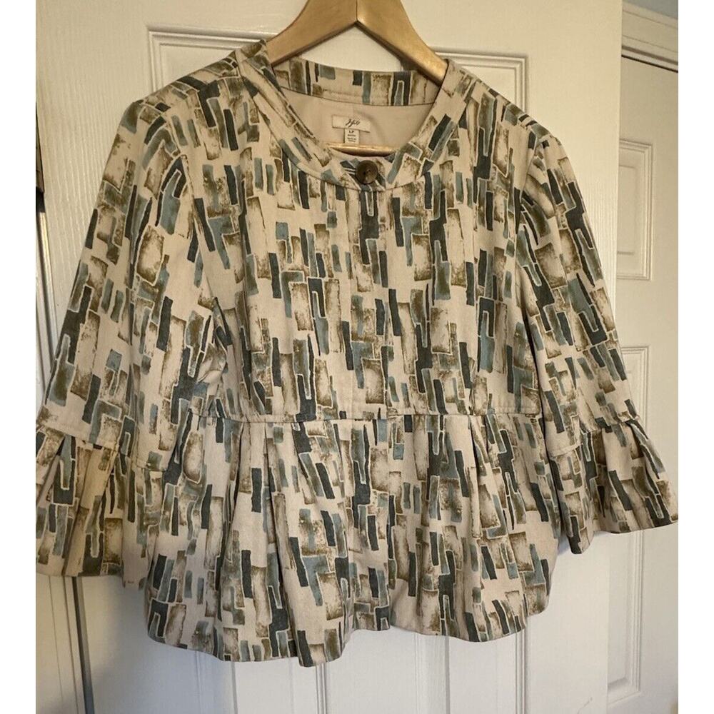 J Jill Jacket Womens Petite L Beige Blue Geo Print Silk Blazer Peplum Hem Boho‎
